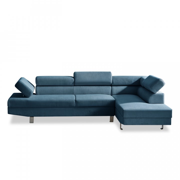 Canapé d'angle droit avec têtières relevables Palerme velours côtelé bleu