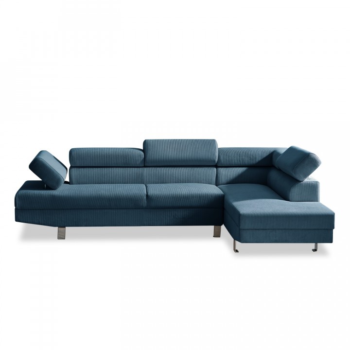 Canapé d'angle droit avec têtières relevables Palerme velours côtelé bleu