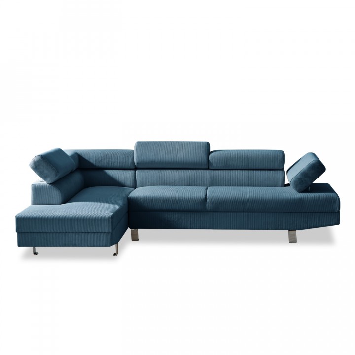 Canapé d'angle gauche avec têtières relevables Palerme velours côtelé bleu