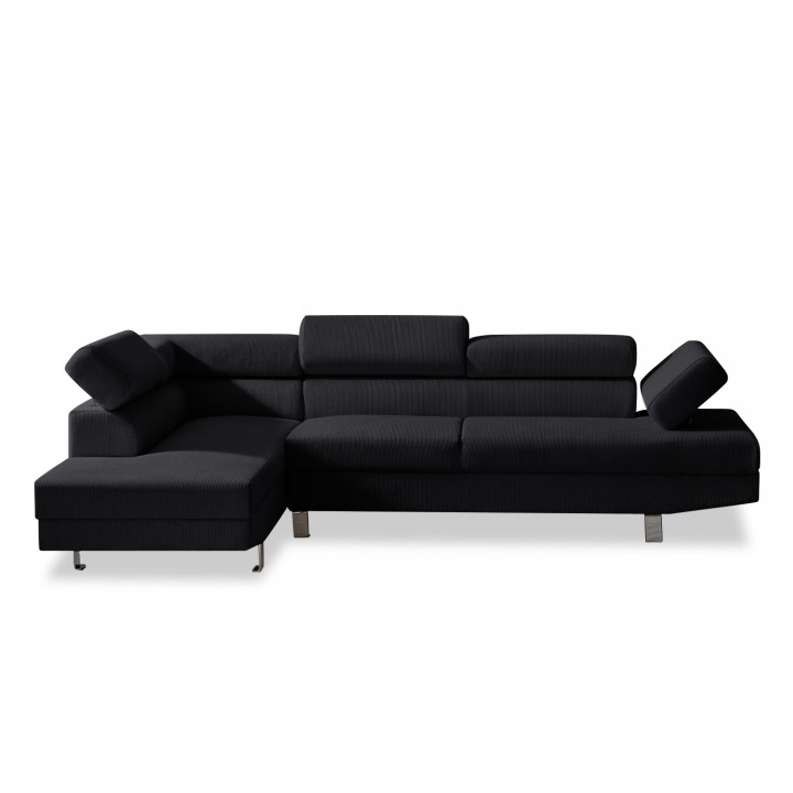 Canapé d'angle gauche avec têtières relevables Palerme velours côtelé noir