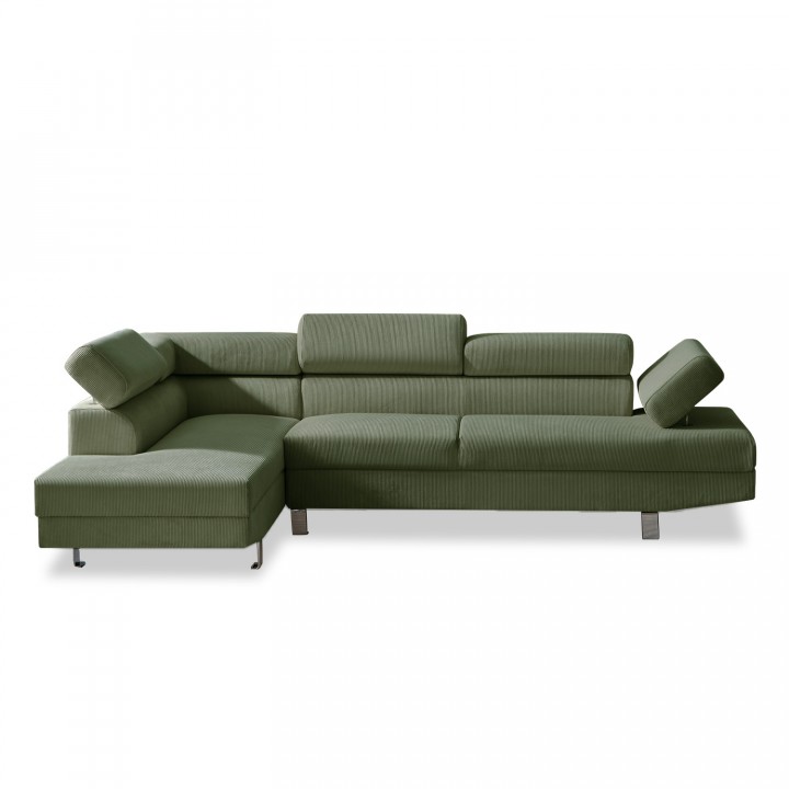 Canapé d'angle gauche avec têtières relevables Palerme velours côtelé vert