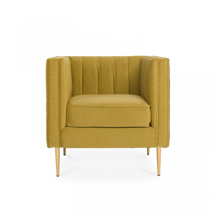 Fauteuil James Velours Jaune moutarde pieds doré