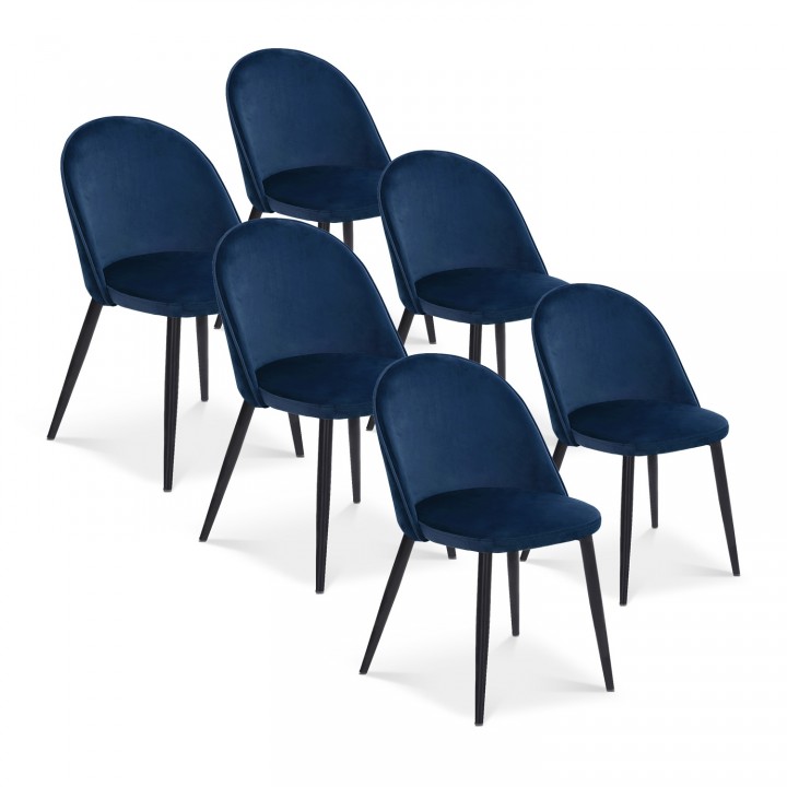 Lot de 6 chaises Cecilia velours Bleu pieds noirs