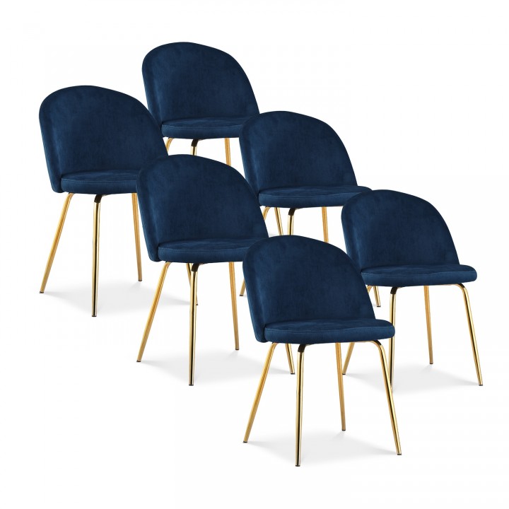 Lot de 6 chaises scandinaves Cecilia velours Bleu pieds or