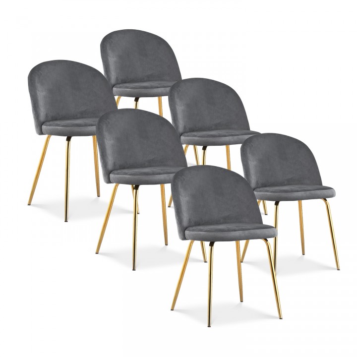 Lot de 6 chaises Cecilia velours Gris pieds or