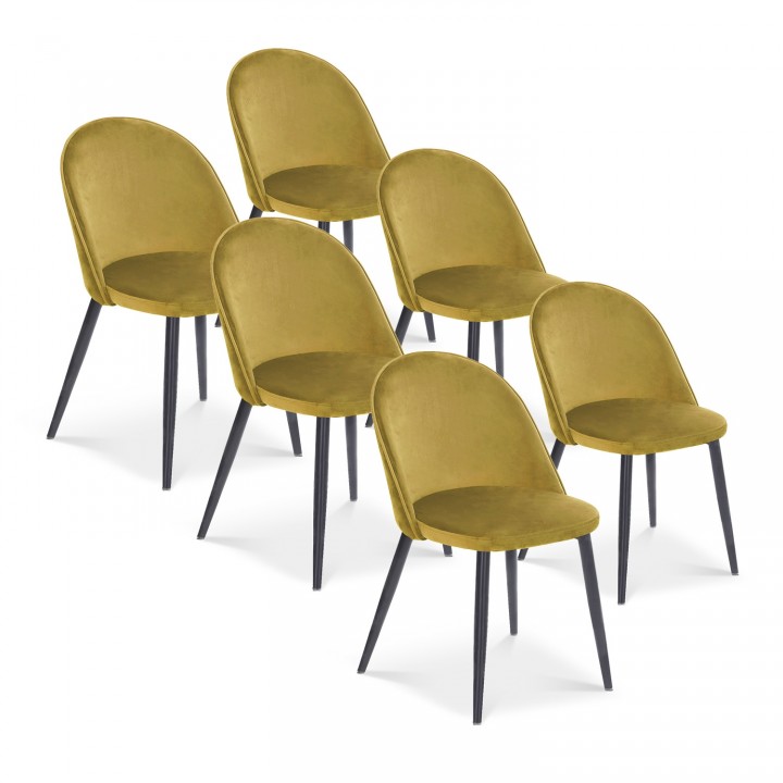 Lot de 6 chaises Cecilia velours Jaune pieds noirs