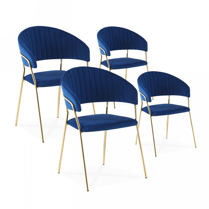 Lot de 4 chaises Margaux velours bleu pieds or