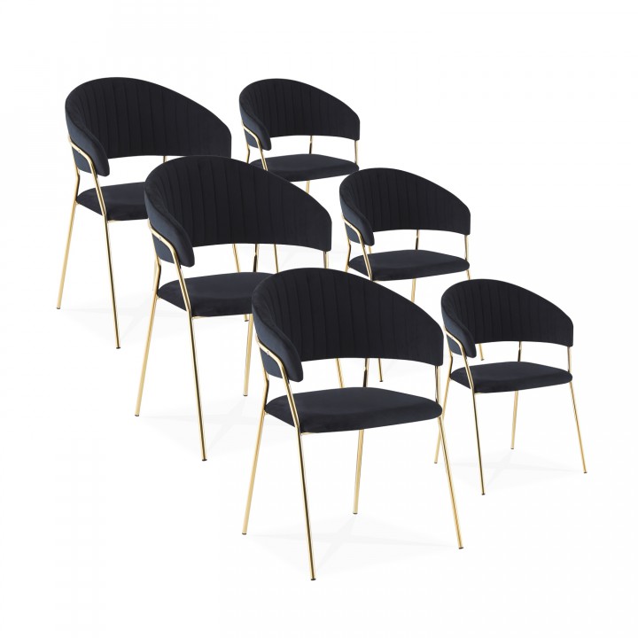 Lot de 6 chaises Margaux velours noir pieds or