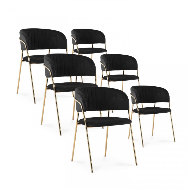 Lot de 6 chaises Margaux velours noir pieds or