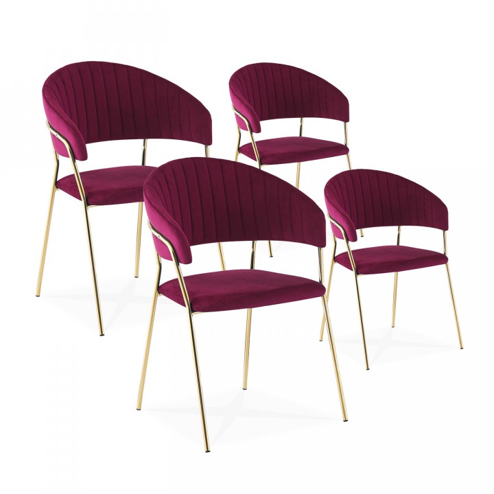 Lot de 4 chaises Margaux velours rouge pieds dorés