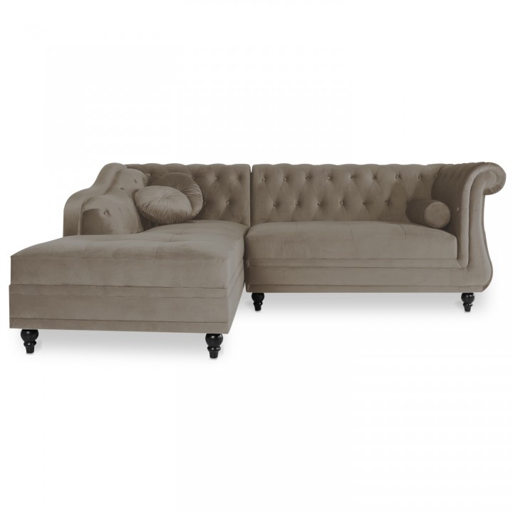 Canapé d'angle gauche Empire Velours Taupe style Chesterfield