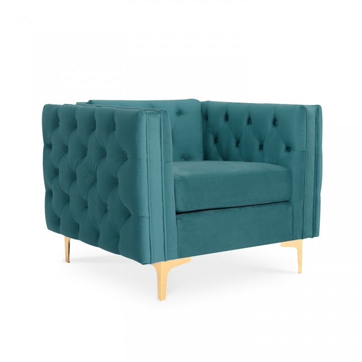 Fauteuil Edward Velours Bleu canard pieds doré