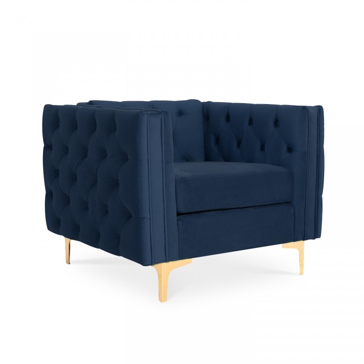 Fauteuil Edward Velours Bleu foncé pieds doré