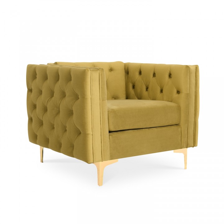 Fauteuil Edward Velours Jaune moutarde pieds doré