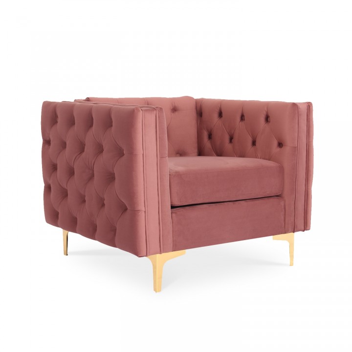 Fauteuil Edward Velours Vieux rose pieds doré