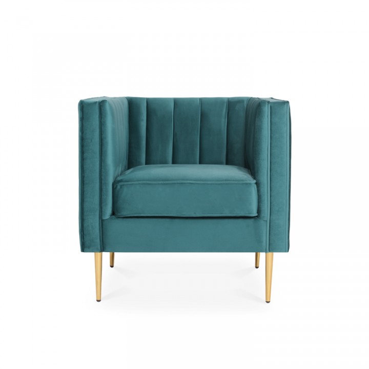 Fauteuil James Velours Bleu canard pieds doré