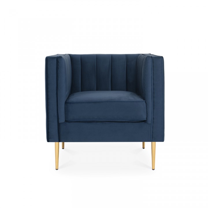 Fauteuil James Velours Bleu foncé pieds doré