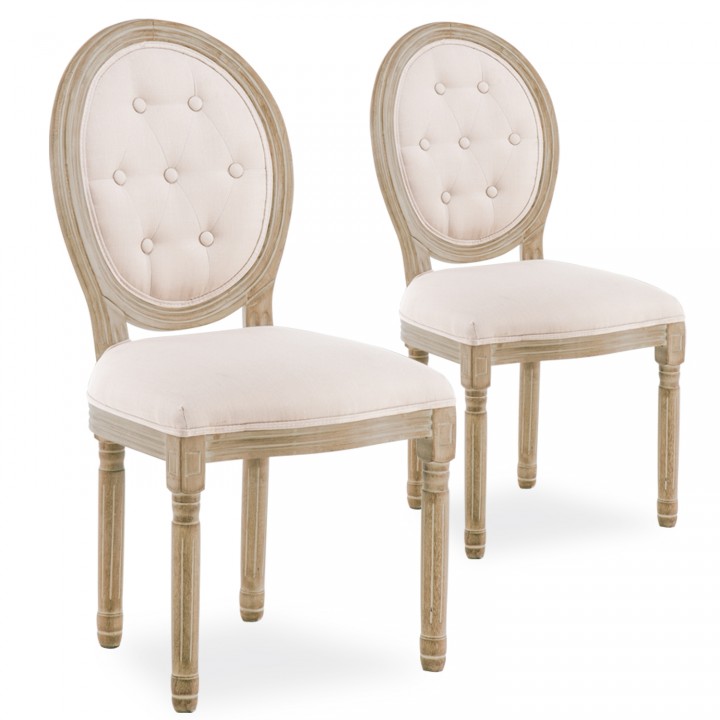 Lot de 2 chaises médaillon capitonnées Louis XVI tissu Beige