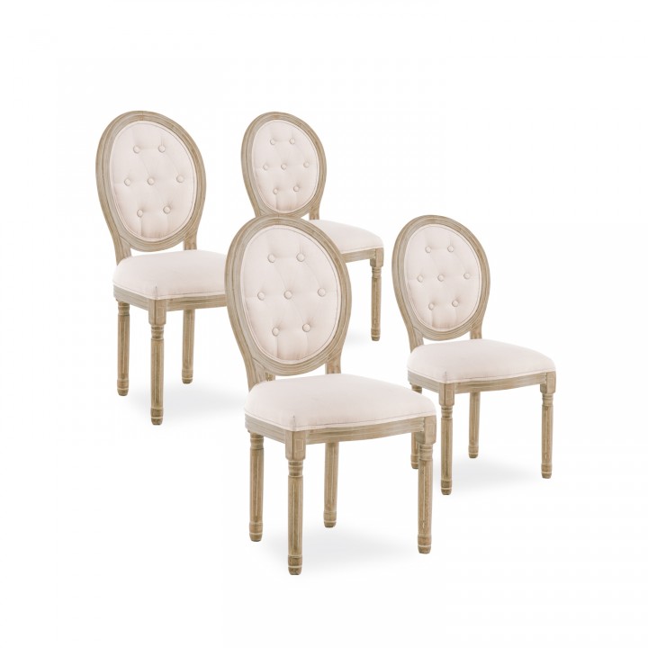 Lot de 4 chaises médaillon capitonnées Louis XVI tissu Beige
