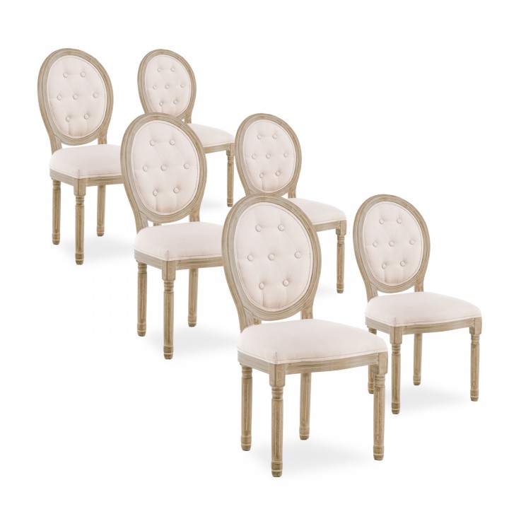 Lot de 6 chaises médaillon capitonnées Louis XVI tissu Beige