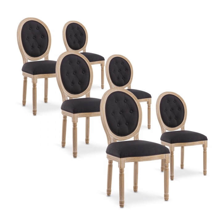 Lot de 6 chaises médaillon capitonnées Louis XVI tissu Noir