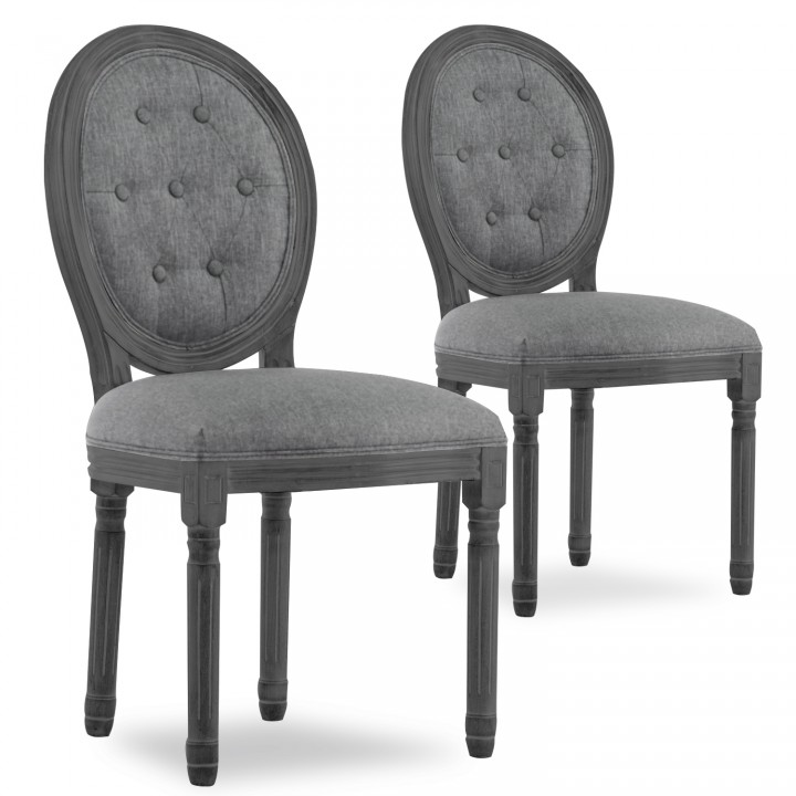 Lot de 2 chaises médaillon capitonnées Louis XVI tissu Gris bois Gris