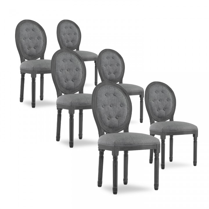 Lot de 6 chaises médaillon capitonnées Louis XVI tissu Gris bois Gris