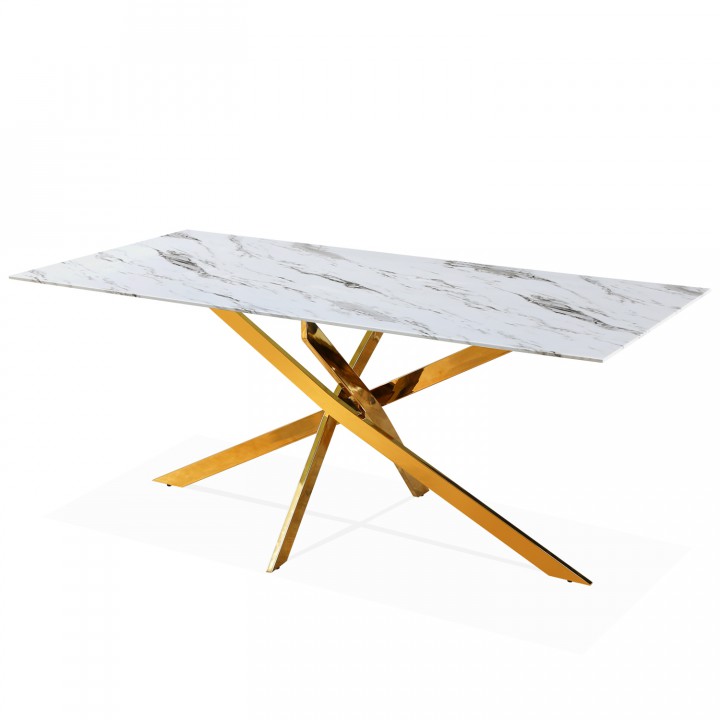 Table rectangulaire en verre effet marbre et pieds doré Jodie