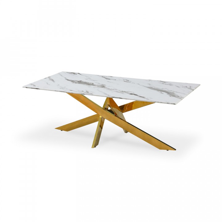 Table basse rectangulaire en verre effet marbre et pieds doré Jodie
