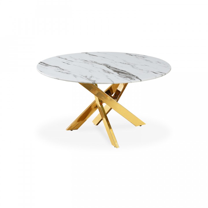 Table basse ronde en verre effet marbre et pieds doré Holy