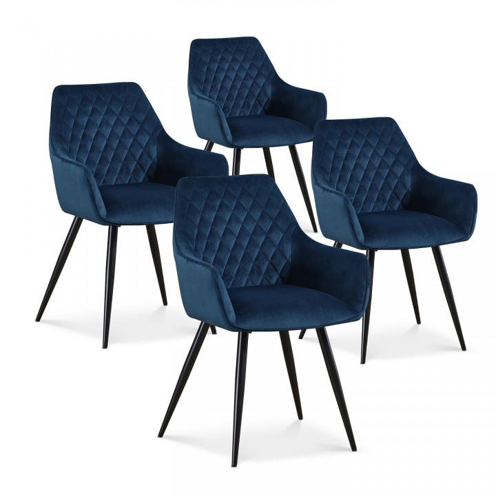 Lot de 4 chaises Victoria en velours bleu pieds noir