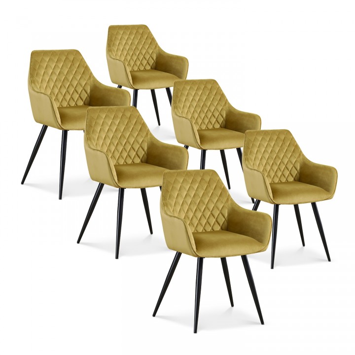 Lot de 6 chaises Victoria en velours jaune moutarde pieds noir 