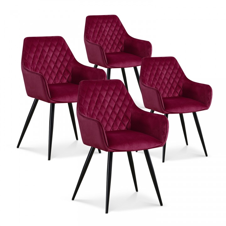 Lot de 4 chaises Victoria en velours rouge pieds noir 