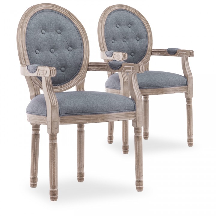 Lot de 2 fauteuils médaillon capitonnés Louis XVI tissu Gris