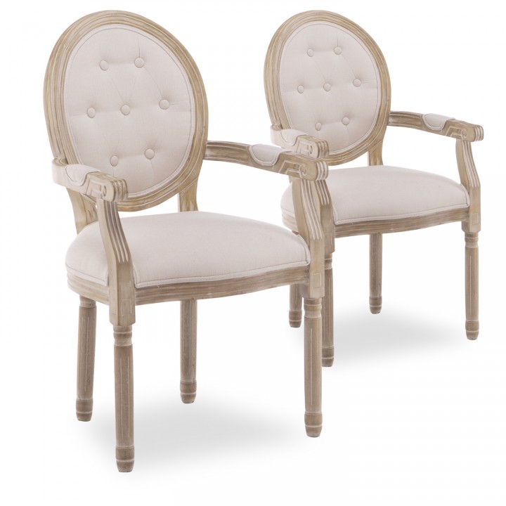 Lot de 2 fauteuils médaillon capitonnés Louis XVI tissu Beige