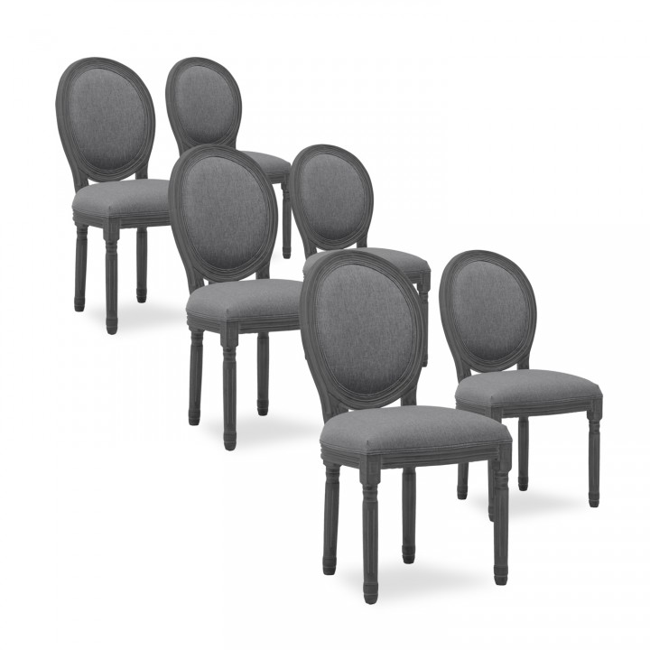 Lot de 6 chaises médaillon Louis XVI tissu Gris bois Gris