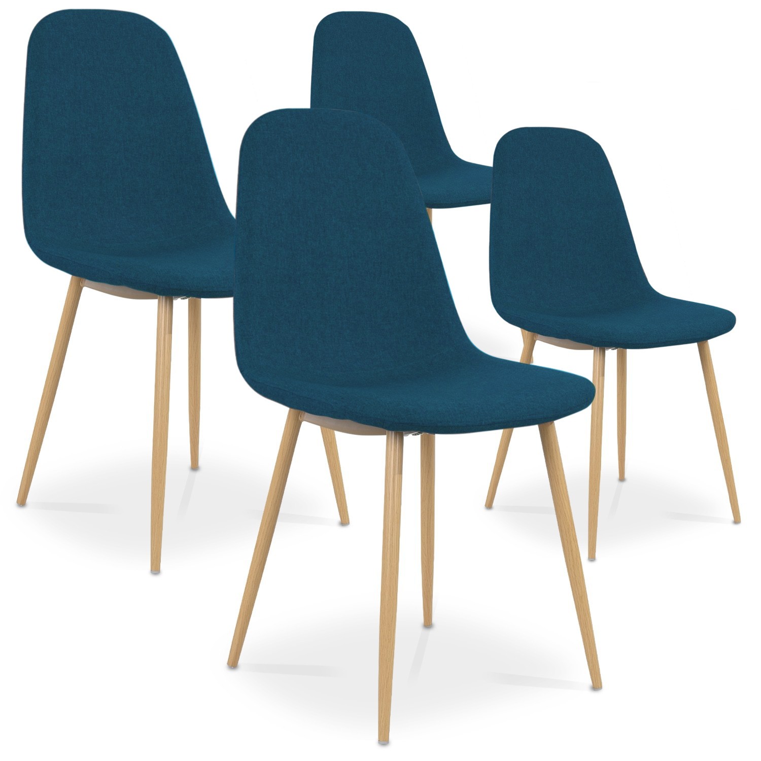 Lot De 4 Chaises ROBINE En Tissu Bleu Canard - Design Moderne, Pieds En Bois, Pour Salle à Manger Ou Bureau