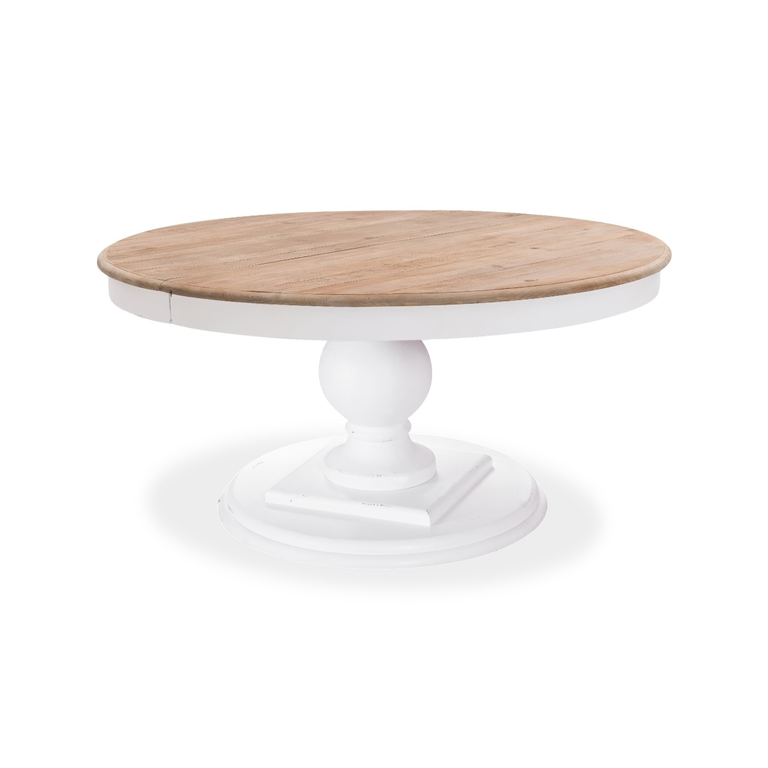 Soldes - Table ronde extensible en pin massif blanc vieilli pour 6