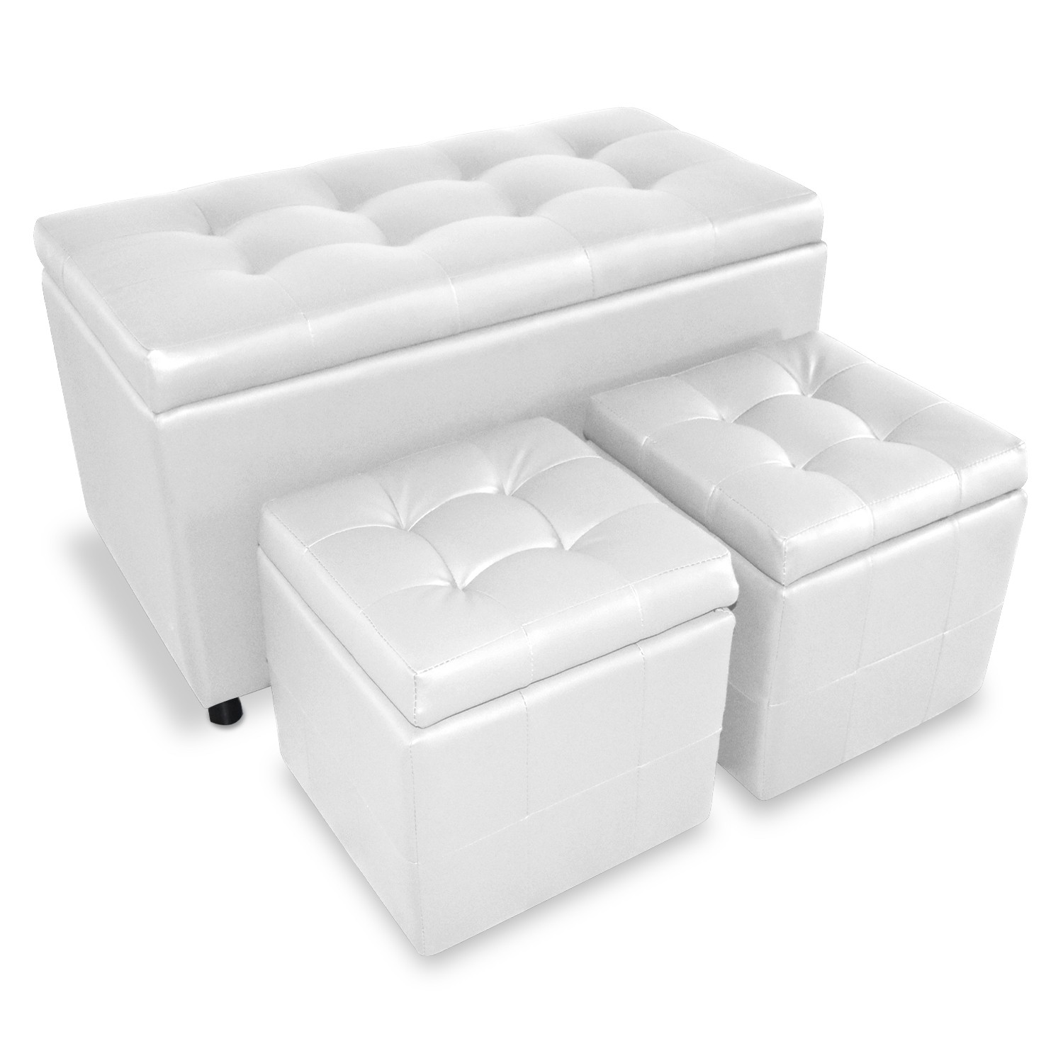 Banquette Coffre Valence + 2 poufs Blanc