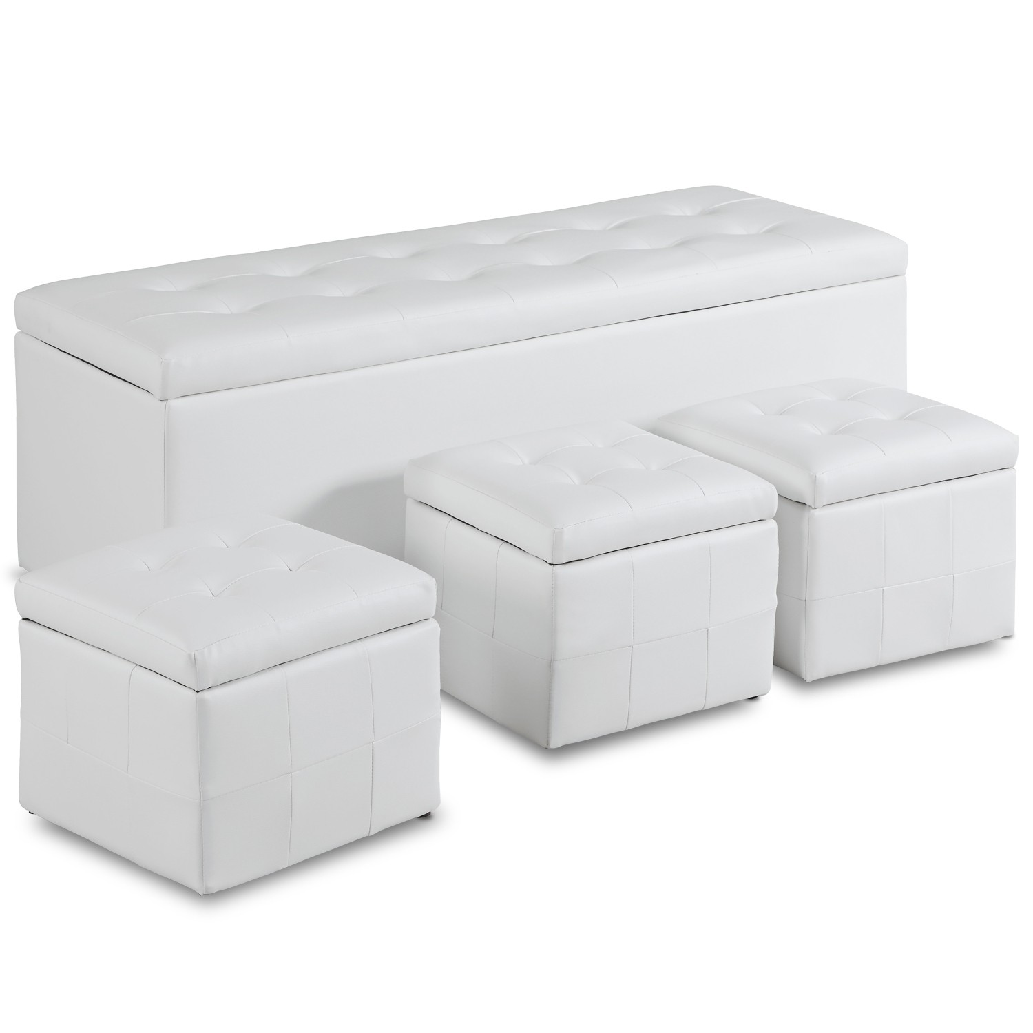 Banquette Coffre Valence Xl 3 Poufs Blanc