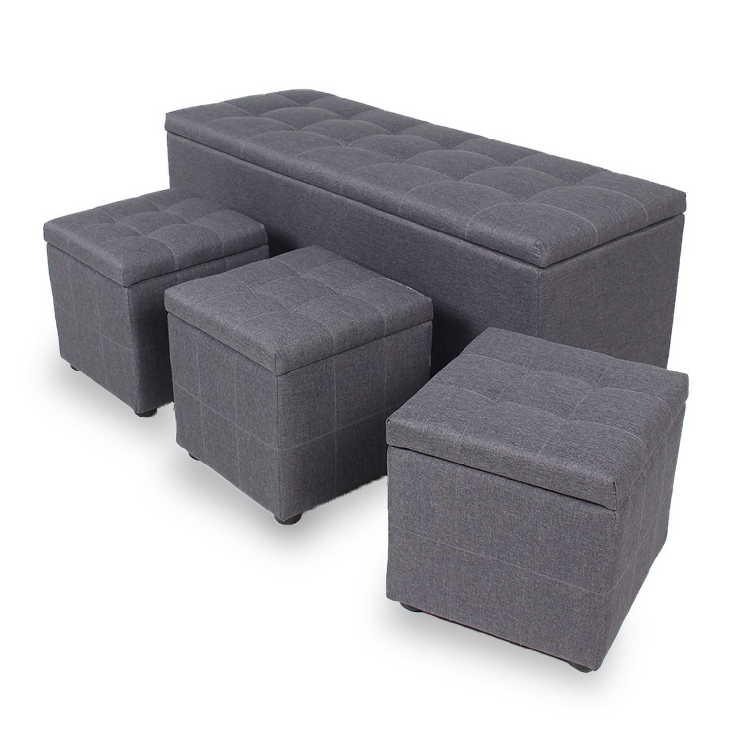 Banquette Coffre Valence Xl Tissu 3 Poufs Gris