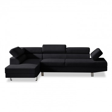 Canapé d'angle gauche avec têtières relevables Palerme velours côtelé noir