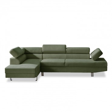 Canapé d'angle gauche avec têtières relevables Palerme velours côtelé vert