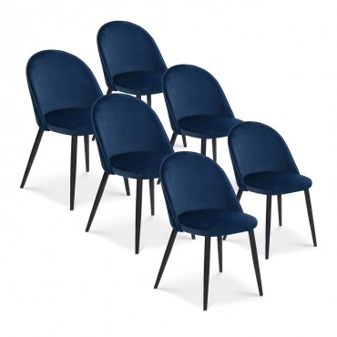 Lot de 6 chaises Cecilia velours Bleu pieds noirs