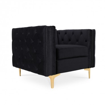 Fauteuil Edward Velours Noir pieds doré