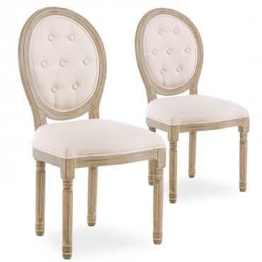 Lot de 2 chaises médaillon capitonnées Louis XVI tissu Beige