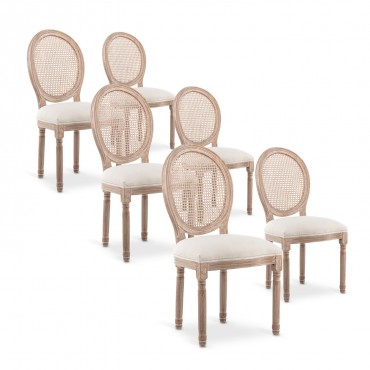 Lot de 6 chaises médaillon Louis XVI Cannage Rotin tissu Beige 