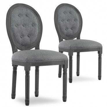 Lot de 2 chaises médaillon capitonnées Louis XVI tissu Gris bois Gris