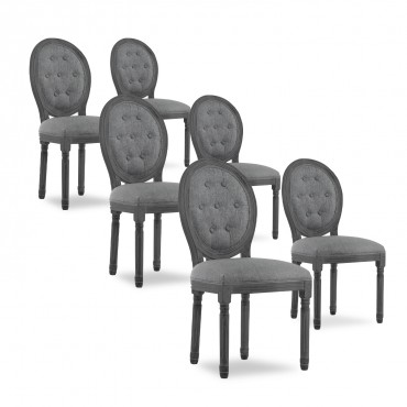Lot de 6 chaises médaillon capitonnées Louis XVI tissu Gris bois Gris