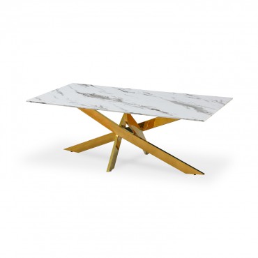 Table basse rectangulaire en verre effet marbre et pieds doré Jodie